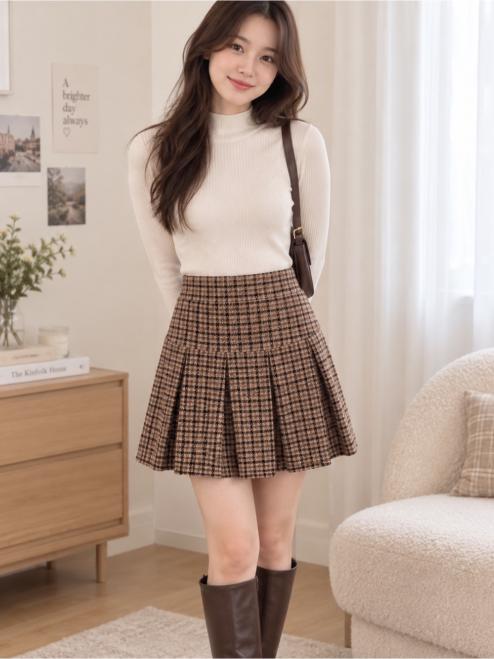 Y2KAmerican Eagle Outfitters Brown Houndstooth Pleated Skater Skirt